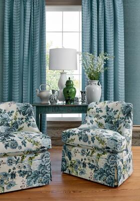 Hidcote fabric in Lavender and Blues with Amble Embroidery in Mineral fabric