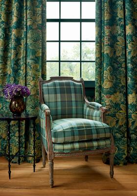 Night Garden fabric in Peacock and Scot’s Plaid in Sage