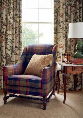 Scot’s Plaid fabric in Olive and Cranberry with Forest Lodge fabric in Flax