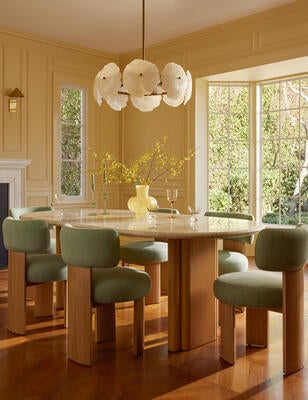 Irving dining table, Almici chandelier, Brisbane dining chair


