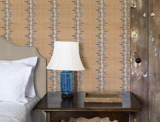 Anne Quaker Blue Natural Grasscloth wallcover in situ