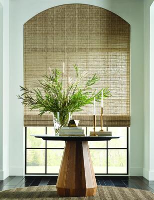 Tendril woven-to-size grassweave windowcovering shown in LE6909 Gold