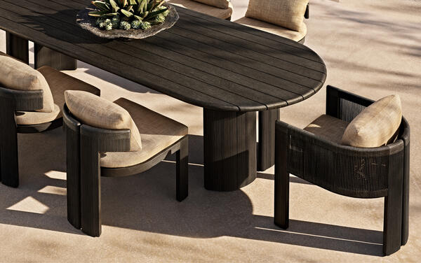 Striata dining collection in blackened premium solid teak and all-weather rope
