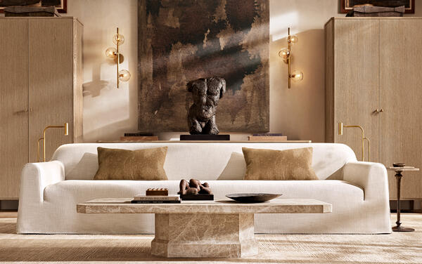 Monastère waterfall sofa shown with the Antic coffee table