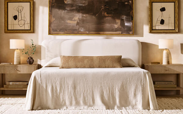 Lola headboard shown with washed linen bed cover