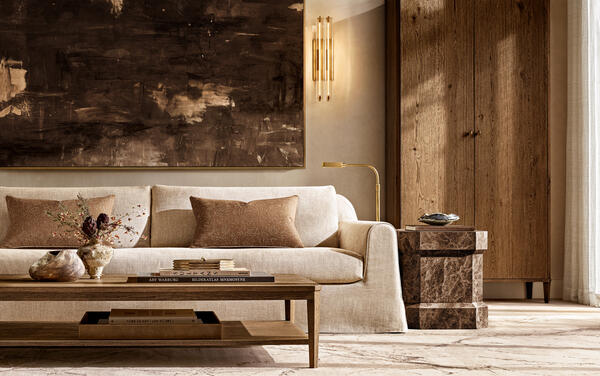 Monastère sofa in Belgian linen shown with the Delphine collection