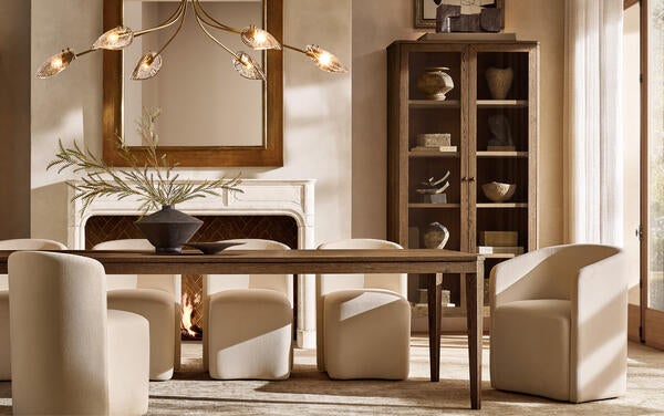 Delphine dining collection shown with Aurelie barrelback dining side chairs
