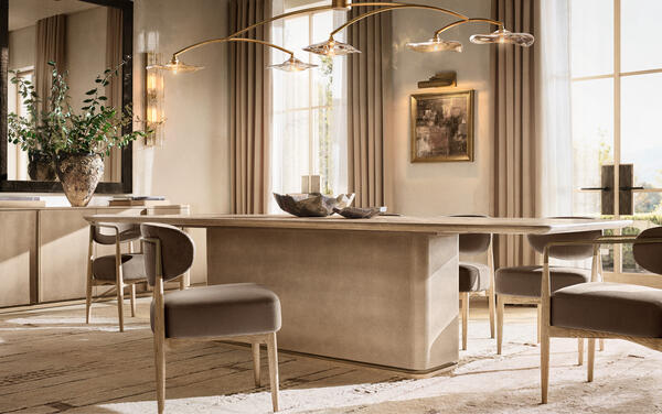 Ligné shagreen dining collection in shagreen-embossed shagreen and American white oak shown with Arno dining side chairs