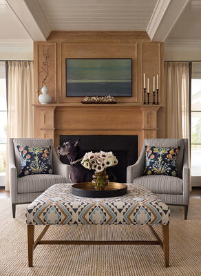 Sagamore in Toffee and Charcoal; Emmons Stripe in Charcoal; and Lilia Print in Brown