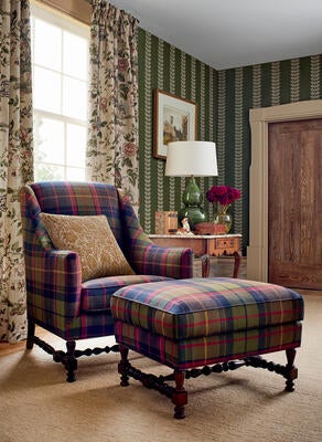 Scot’s Plaid fabric in Olive & Cranberry, Forest Lodge fabric in Flax & Amble wallcovering in Olive.