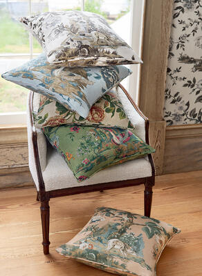 Forest Lodge fabric in Apricot, Green, Flax, Spa Blue, Brown and White.