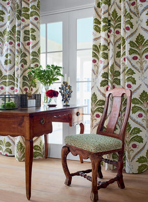 Kendall Damask Embroidery fabric in Olive.