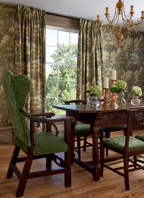 Woodland Clearing wallcovering in Green and Morris Velvet fabric in Olive.