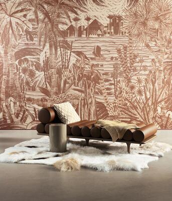 Thebe from Arte’s Memphis wallcovering collection features a mix of scenes along the Nile 