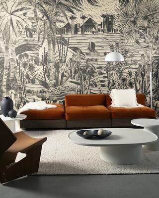 Thebe from Arte’s Memphis wallcovering collection features a mix of scenes along the Nile 