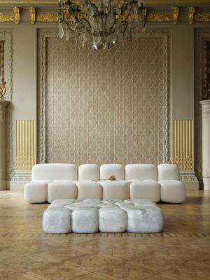 Ductia from Arte’s Corium wallcovering collection features stitched and embroidered leather