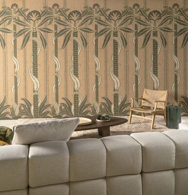 Kerala from Arte’s Indienne wallcovering collection features stylized palm trees 