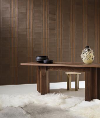 Gambison from Arte’s Corium wallcovering collection features stitched and embroidered leather 