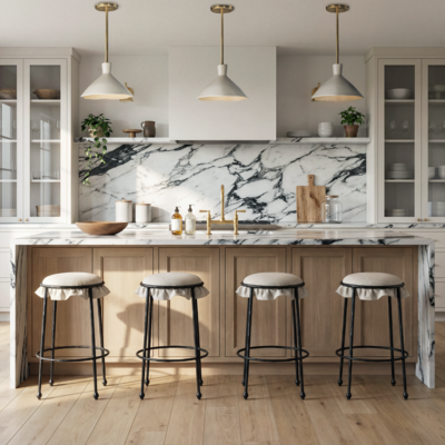 Rook counter stools and Dune pendants from the sustainable Meno Home x Co.House Designs collection