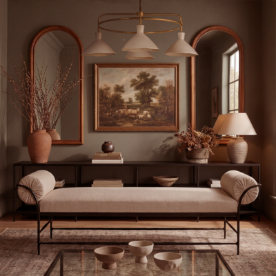 Vale bench and Dune four-light chandelier from the sustainable Meno Home x Co.House Designs collection