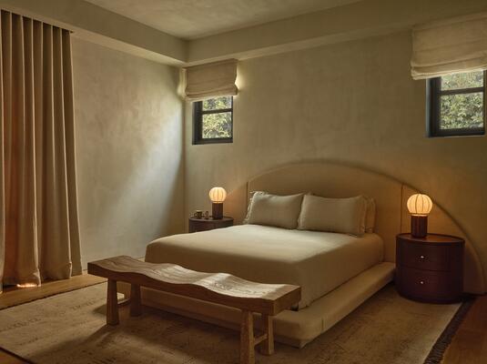 Hendrix half moon bed and Mesa bench from the Button Atelier x Co.House Designs collection