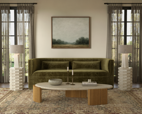 Santo sofa in performance velvet paired with Bakari coffee table and Tivoli end tables