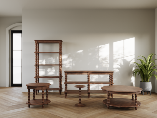 The Spindle collection features beautiful silhouettes of light-stained acacia wood