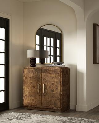 Wesley burl cabinet in dark burl shown in a beautiful entryway
