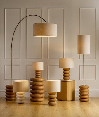 The Sandia collection, featuring table lamps, end tables and floor lamps in natural finishes