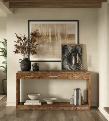 Wesley burl console in dark burl paired with MTO artwork in collaboration with Zoe Bios Creative