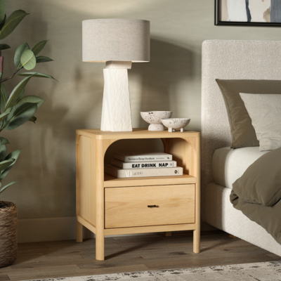 Cali nightstand in Natural with Keaton table lamp in white plaster