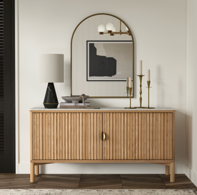 Olive sideboard crafted from ash and oak wood, featuring reeded doors and antique brass hardware 