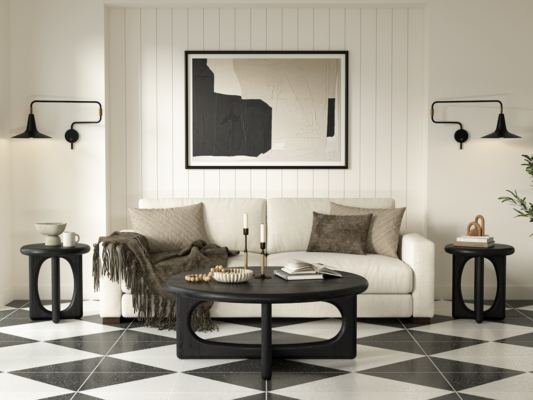 Eva oak coffee table and end tables in Black; available in two sizes and colorways 