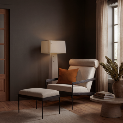 Fera chair and ottoman with Norte floor lamp from the Meno Home x Co.House Designs collection