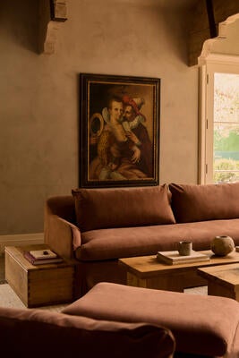 Slipcover sofa in Rust brushed cotton, woven in the Netherlands,  paired with the Eik chest