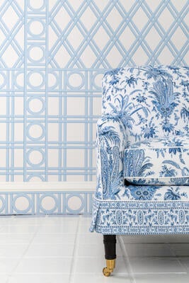 Srinagar and Srinagar Stripe in Riviera & Navy; Trellina in Sky on Blanc