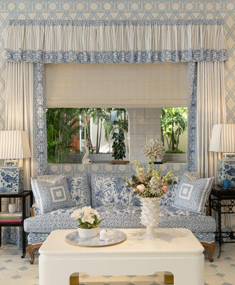 Srinagar and Srinagar Stripe in Riviera & Navy; Branca Ticking in Blanc & Riviera