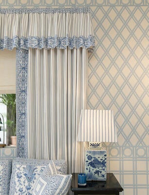 Srinagar and Srinagar Stripe in Riviera & Navy; Branca Ticking in Blanc & Riviera; Trellina in Sky on Blanc