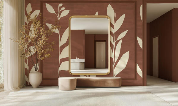 Wildflowers hand-painted wallcovering in Burnt Sienna