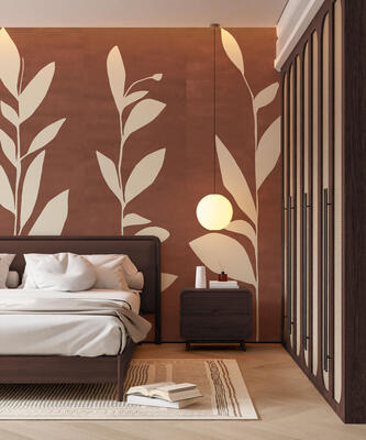Wildflowers hand-painted wallcovering in Burnt Sienna