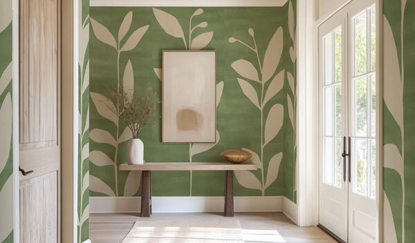 Wildflowers hand-painted wallcovering in Vert