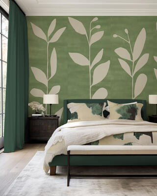 Wildflowers hand-painted wallcovering in Vert