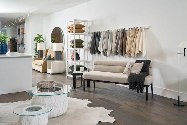 Ventura bench, Luge end table, Fringe pillow