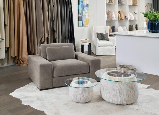 Derby chair and a half, Solitaire accent tables, Sophia swivel chair