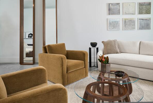 Sterling swivel chairs, Jango sectional, Solitaire accent tables