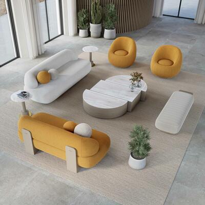 Lua living room: loveseat 100, Selene chair, cocktail table 101 with stone top, end table 101 with stone top 2