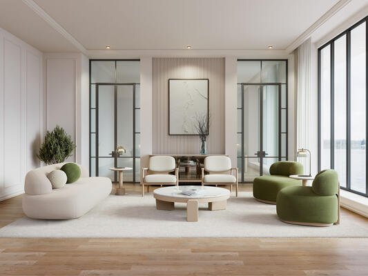 Lua living room: loveseat 100, Selene chair, cocktail table 101 with stone top, end table 101 with stone top