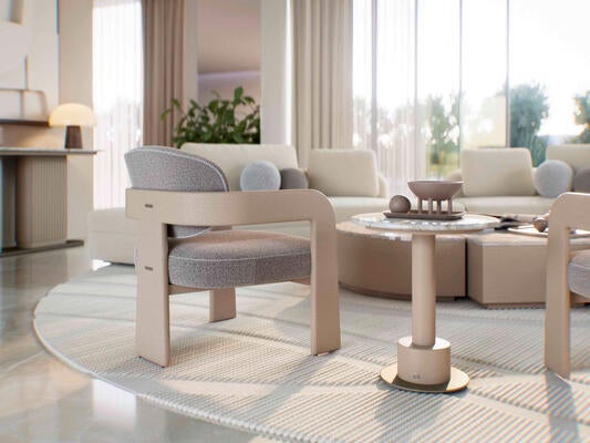 Lua living room: end table 101, chair 300, cocktail table 221 with stone top