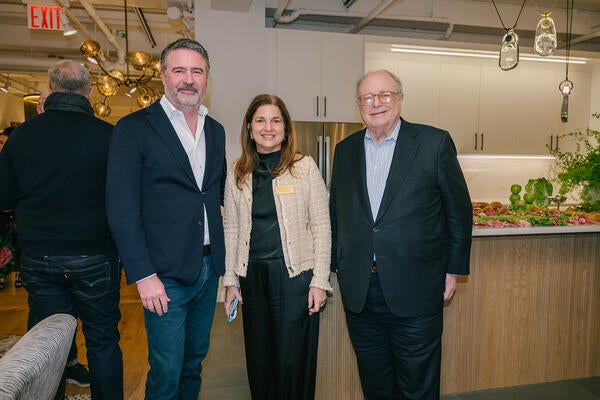 Arteriors CEO John Hart (left) and NYDC president and CEO Jim Druckman welcome Beth Cohn, the brand’s new senior vice president of sales