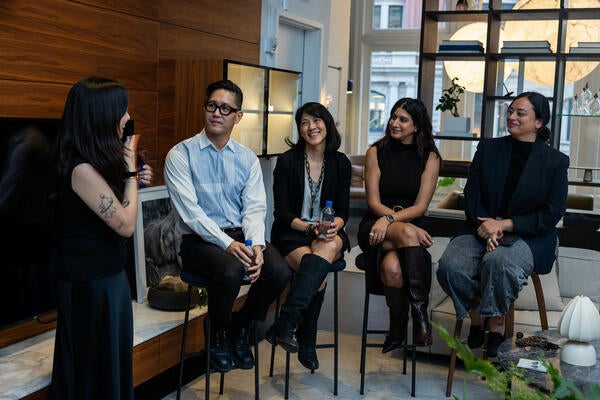Jane Ivana Hong-Gaffney welcomes guests to the showroom and introduces Michael K. Chen, Felicia Hwang, Tina Ramchandani and Diana Budds before their panel discussion